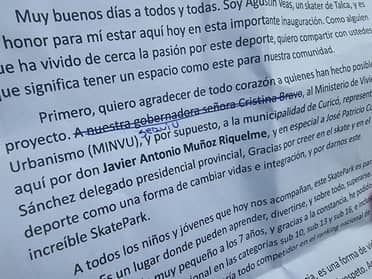 Rayan nombre de Cristina Bravo en discurso durante inauguración de skatepark en Curicó