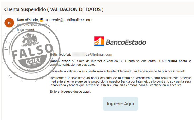 BancoEstado alerta fraude por mail que lleva a sitio falso que roba datos personales