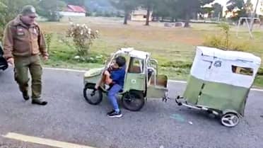 Carabineros invitó a patrullar a niño de Antuco que construyó su propio carro policial de cartón y témpera