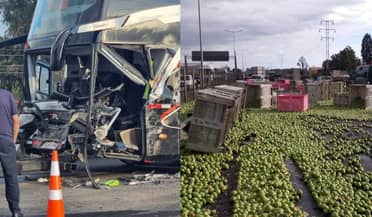 Colisión de bus con camión y volcamiento de carga cortaron el tránsito en la Ruta 5 frente a Curicó