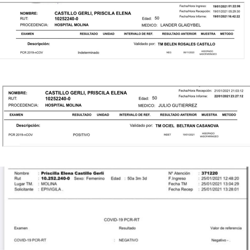 Resultados de tres Tests PCR, publicados por la alcaldesa de Molina