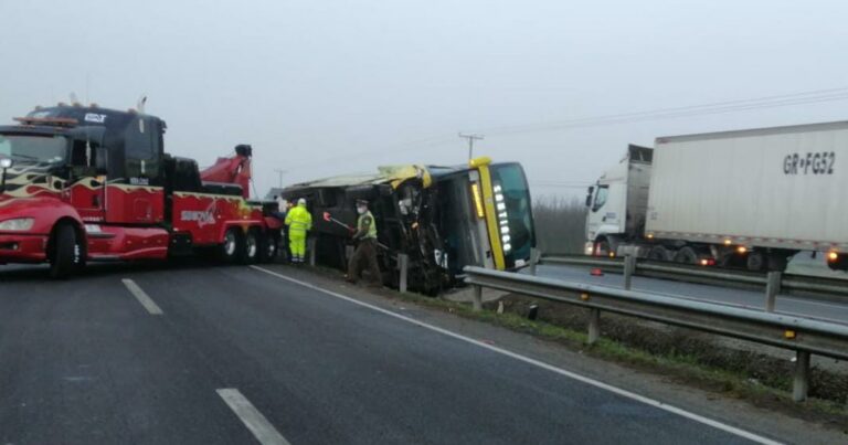 Bus de dos pisos chocó con caballos y se volcó en Ruta 5 cerca de Longaví