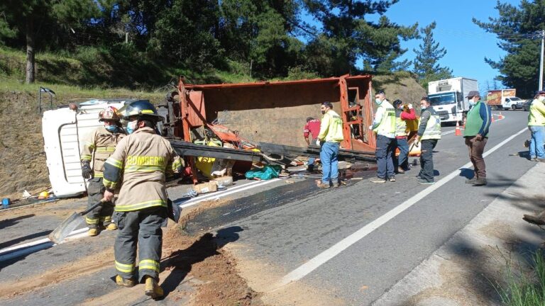 Volcamiento de camión deja dos personas lesionadas en la ruta que une Licantén con Vichuquén